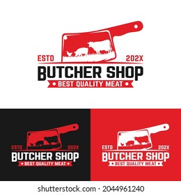 Vintage Butcher Knife with Cow Pig Chicken Hen Logo Design Template. Suitable for Butchers Butchery Deli Delicatessen Meat Shop Restaurant or Livestock Poultry Cattle Farm Vector Logo.