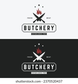 Vintage butcher logo with knife, fresh beef. Logo for business, butcher shop, restaurant, badge and label.