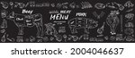 Vintage Butcher shop hand-drawn on a black chalkboard background. Butchery Cow Food Chalk Board Shop. Retro Menu Restaurant poster. Vector.