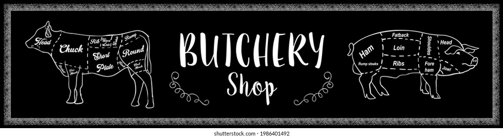 Vintage Butcher shop hand-drawn on a black chalkboard background. Butchery Cow Food Chalk Board Shop. Retro Menu Restaurant poster. Vector.