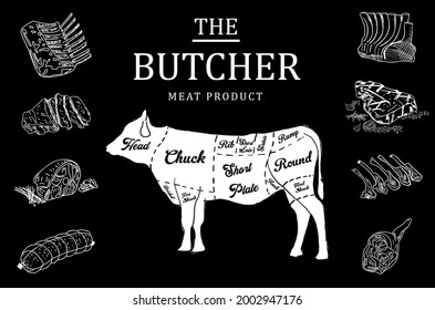 Vintage Butcher shop hand-drawn on a black chalkboard background. Butchery Cow Food Chalk Board Shop. Retro Menu Restaurant poster. Vector.