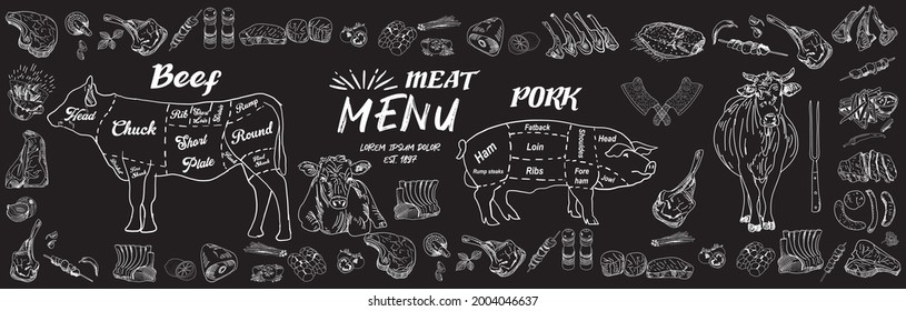 Vintage Butcher shop hand-drawn on a black chalkboard background. Butchery Cow Food Chalk Board Shop. Retro Menu Restaurant poster. Vector.