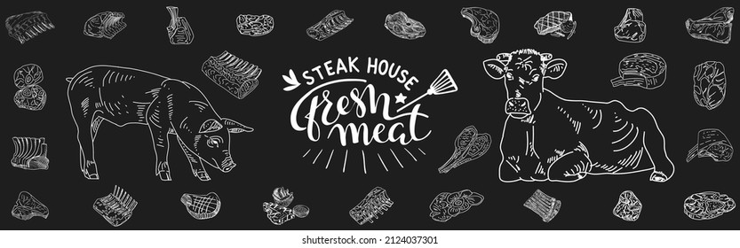 Vintage Butcher shop hand-drawn on a black chalkboard background. Butchery Cow Food Chalk Board Shop. Retro Menu Restaurant poster. Vector.
