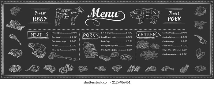 Vintage Butcher shop hand-drawn on a black chalkboard background. Butchery Cow Food Chalk Board Shop. Retro Menu Restaurant poster. Vector.