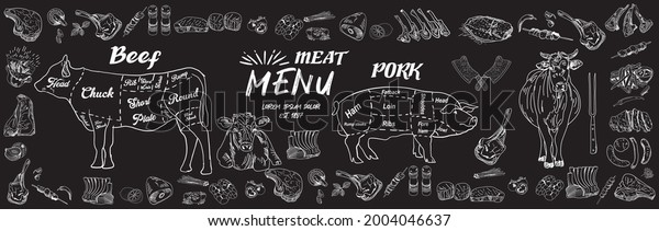 Vintage Butcher shop hand-drawn on a black\
chalkboard background. Butchery Cow Food Chalk Board Shop. Retro\
Menu Restaurant poster.\
Vector.