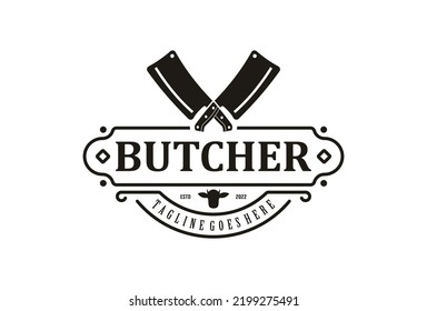 Vintage Butcher shop label logo design. Crossed Cleaver Knife with Angus Head icon vector design