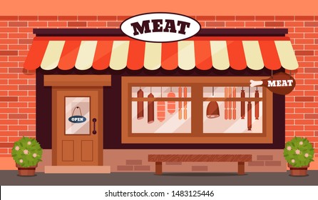 Vintage Butcher Shop Store Facade With Storefront Large Window, Columns And Brick Wall. Facade Residential Building Front View. Graphic Butcher Shop Exterior Small Business Vector Illustration