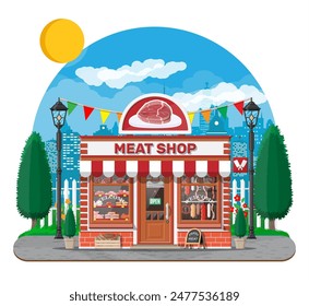 Vintage butcher shop store facade with storefront. Meat street market. Meat store stall showcase counter. Sausage slices delicatessen gastronomic product of beef pork chicken. Flat vector illustration