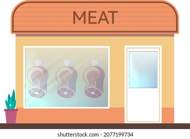 The façade of a vintage butcher shop with a storefront. Meat street market. Butcher's stall showcase counter. Sausage slices are a delicatessen gastronomic product of beef pork chicken.