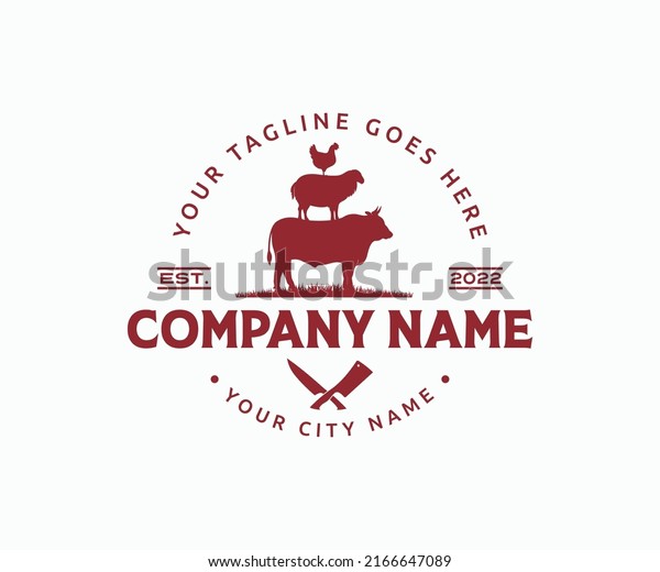 Vintage butchery logo design. Bull Lamb\
Chicken meat cleaver knife vector design\
template.