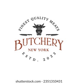 Vintage butchery logo design template isolated. Butchery shop ornament logo vector design element in white background