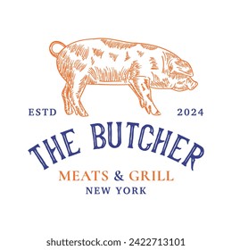 Vintage butchery logo design template isolated. Butchery shop ornament logo vector design element in white background