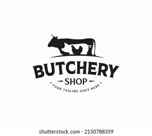 Vintage Butchery Logo. Retro Styled Meat Shop Emblem. Butcher Shop Logo. Meat Label Template With Farm Animals Silhouettes.