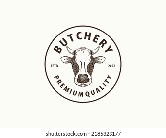 Vintage butchery logo template with handdrawn cow head