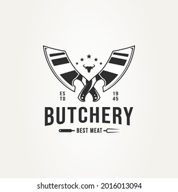 vintage butchery shop with crossed cleaver knives, bull head, and fork badge logo template vector illustration design. classic retro typography steak house, farm and restaurant emblem logo concept