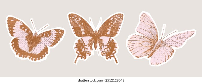 Vintage butterflies kit. Collage with a girly aesthetic. Retro bitmap scrapbooking style with cutout element. Trendy stickers for poster art or t-shirt with photocopy dotted effect.