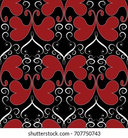 Vintage butterflies seamless pattern. Black floral vector background wallpaper illustration with red ornamental decorative love hearts paisley flowers and white swirl line art tracery modern ornaments