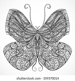 Vintage butterfly with floral abstract ornament. Black and white vector hand drawn illustration