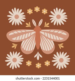 Vintage butterfly with flowers vector illustration. Retro boho moth with blossom and leaves. Square greeting card, poster with nature elements