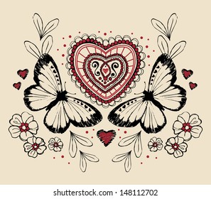 Vintage Butterfly Heart Ilustration