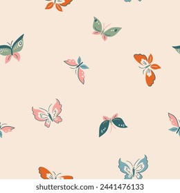 Vintage butterfly seamless pattern. Vector illustrated stylized butterfly on light beige neutral background. Elegance fabric print in asian style.