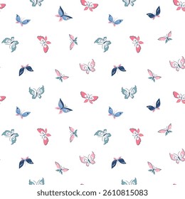 Vintage butterfly seamless pattern. Vector illustrated stylized butterfly on the white background. Elegance fabric print in asian style.