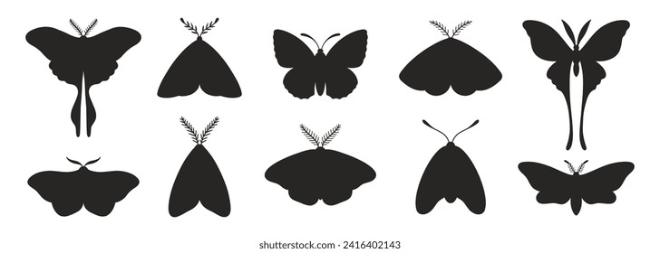 Silhouettes de mariposa de época aisladas en un fondo blanco. Mariposas y polillas negras simples. Ilustración vectorial, iconos de insectos