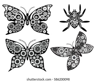 Vintage butterfly and spider set. Mechanism made of cogs and gears. Vector Illustration of art elements for card, site. Steampunk style. Tattoo design.