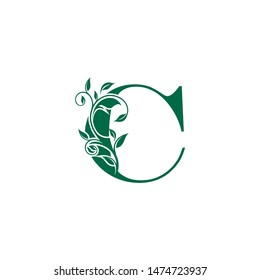 Vintage C Letter Luxury Logo. Letter C With Green Floral Shape design perfect for fashion, Jewelry, Beauty Salon, Hotel Logo. Cosmetics, Spa Logo. Resort and Restaurant Logo. 