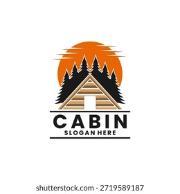 Vintage cabin house with pine tree and sunset logo design vector template