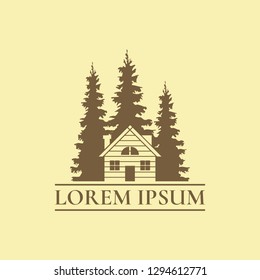 
vintage cabin logo in pine forest