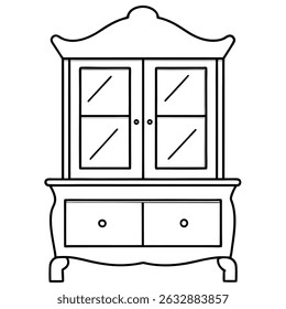 Vintage cabinet with glass doors and drawer isolated on transparent background