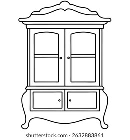 Vintage cabinet with glass doors and drawer isolated on transparent background