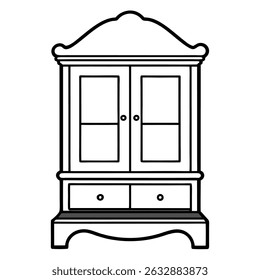 Vintage cabinet with glass doors and drawer isolated on transparent background