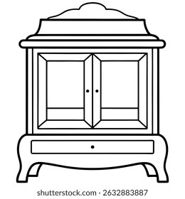 Vintage cabinet with glass doors and drawer isolated on transparent background
