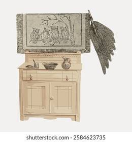 Vintage cabinet with intricate owl tapestry. Rustic cabinet with owl decor. Decorative owl tapestry and cabinet ensemble. Owl-themed decor on wooden cabinet. Vintage art illustration, vector.