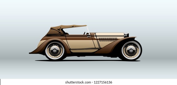 Vintage cabriolet. Vector illustration. Side view with perspective.