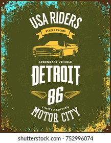 Vintage cabriolet vehicle t-shirt vector logo on dark background. Premium quality classic car logotype tee-shirt emblem illustration. Detroit, Michigan street wear superior retro tee print design.