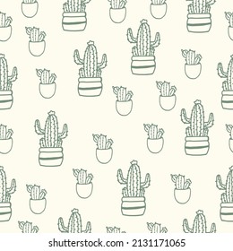 vintage cacti background. hand drawn vector. seamless pattern with cactus in pot illustration isolated on pastel color. beautiful houseplant. doodle art for wallpaper, wrapping paper and gift, fabric.