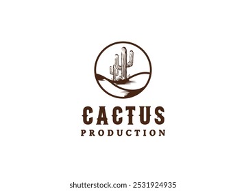 Vintage Cactus logo design. Wild Cacti Saguaro Cactus e Ocotillo grama no oeste do Texas paisagem do deserto para Vintage Wild West Nature Logo Design