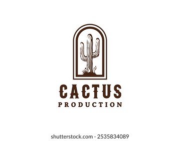 Vintage Cactus Logo-Design. Wild Cacti Saguaro Kaktus und Ocotillo Gras auf Western Texas Wüste Landschaft für Vintage Wild West Natur Logo Vektorgrafik