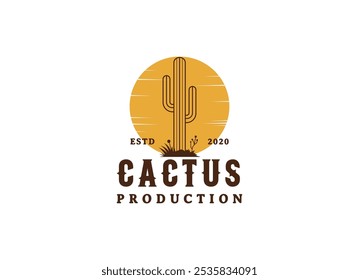 Vintage Cactus Logo-Design. Wild Cacti Saguaro Kaktus und Ocotillo Gras auf Western Texas Wüste Landschaft für Vintage Wild West Natur Logo Vektorgrafik