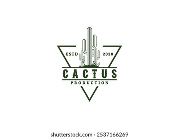 Vintage Cactus Logo-Design. Wild Cacti Saguaro Kaktus und Ocotillo Gras auf Western Texas Wüste Landschaft für Vintage Wild West Natur Logo Vektorgrafik Design