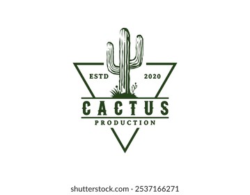 Vintage Cactus Logo-Design. Wild Cacti Saguaro Kaktus und Ocotillo Gras auf Western Texas Wüste Landschaft für Vintage Wild West Natur Logo Vektorgrafik Design