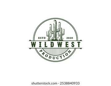 Vintage Cactus Logo-Design. Wild Cacti Saguaro Kaktus und Ocotillo Gras auf Western Texas Wüste Landschaft für Vintage Wild West Natur Logo Vektorgrafik