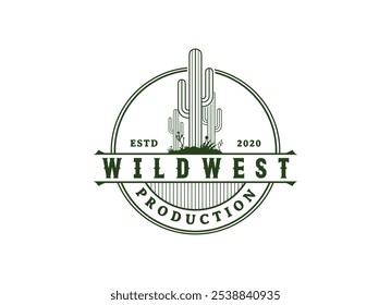 Vintage Cactus Logo-Design. Wild Cacti Saguaro Kaktus und Ocotillo Gras auf Western Texas Wüste Landschaft für Vintage Wild West Natur Logo Vektorgrafik