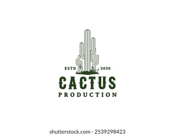 Vintage Cactus Logo-Design. Wild Cacti Saguaro Kaktus und Ocotillo Gras auf Western Texas Wüste Landschaft für Vintage Wild West Natur Logo Design