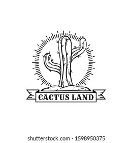 Vintage cactus sun logo with sharp thorns vector design. Cacti logotype. Outline retro cactus emblem. Hipster logo of wild traveling in the desert