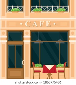 Vintage cafe house building facade vector illustration. Cartoon European city street with building green exterior, front entrance door, big windows and signboard restaurant background