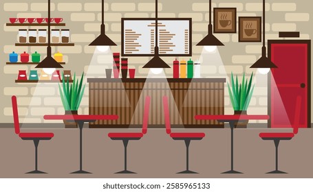 Vintage Cafe Interior Vector Illustration with modern interior